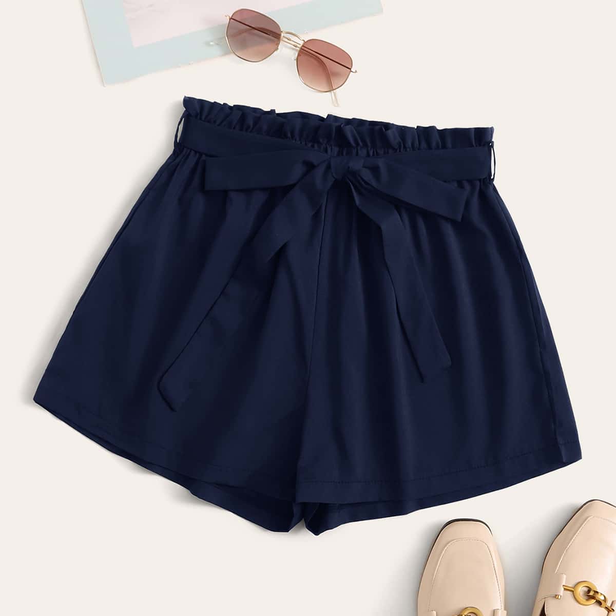 

Paperbag Waist Self Tie Solid Shorts, Navy blue