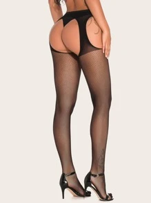 1pair Black Hollow-Out Fishnet Lace Suspender Pantyhose - Clear - View 2