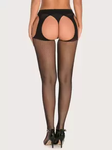 1pair Black Hollow-Out Fishnet Lace Suspender Pantyhose - Clear - View 3