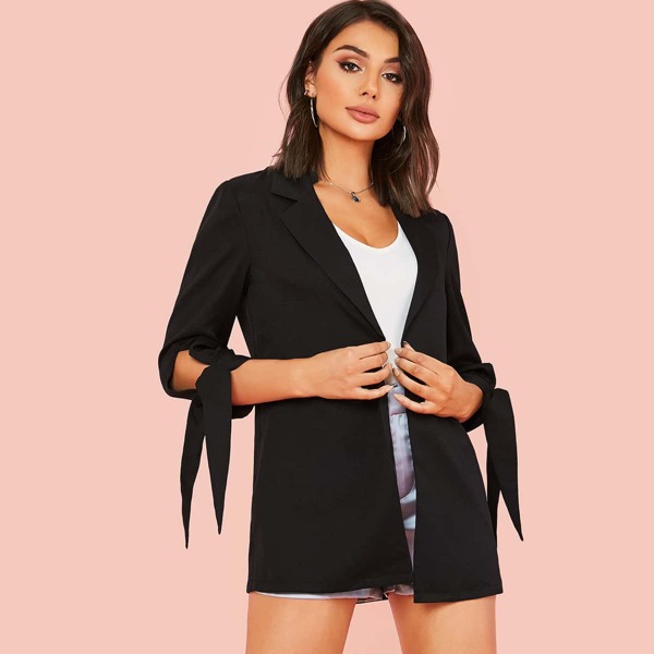 

Notched Collar Knotted Split Sleeve Blazer, Black