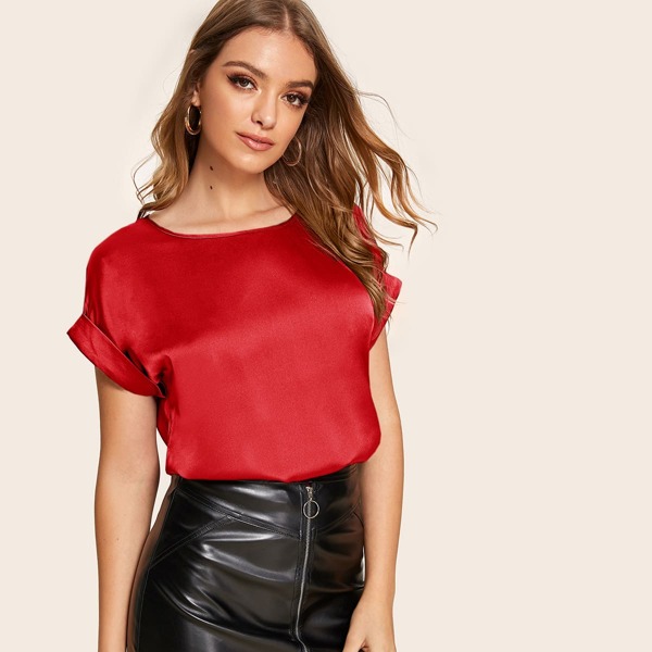 

Cuffed Satin Top, Red bright