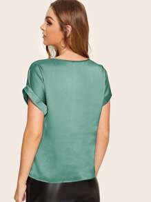 SHEIN Privé 捲邊袖緞面上衣 - 綠色 - 查看 2