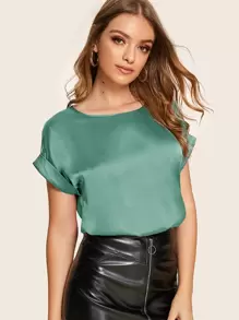 SHEIN Privé 捲邊袖緞面上衣 - 綠色 - 查看 1