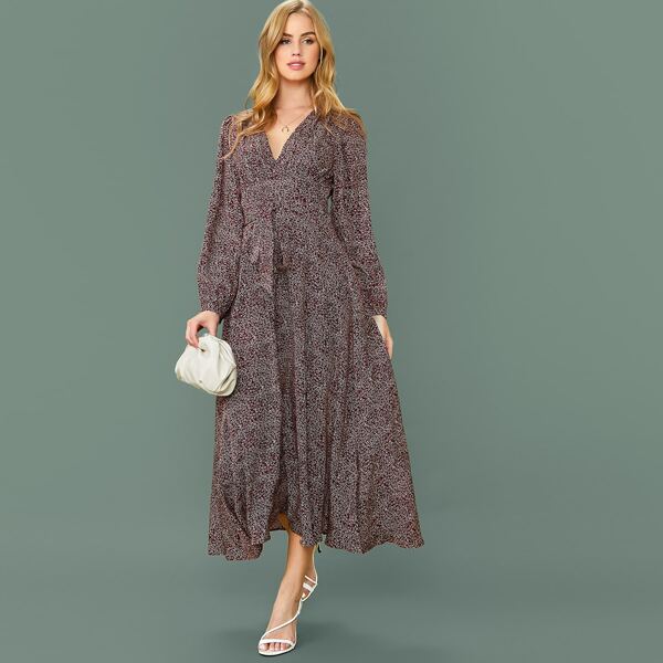 

Lantern Sleeve Self Belted Ditsy Floral Dress, Multicolor