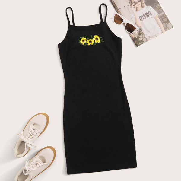 

Plus Sunflower Embroidery Rib-knit Dress, Black