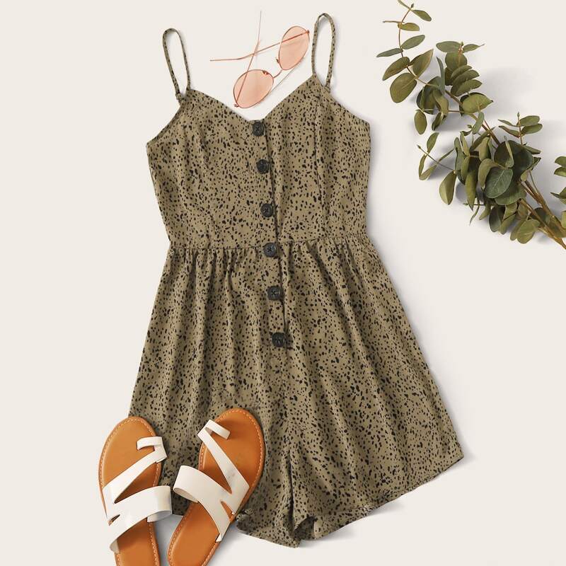 

Speckled Print V-Neck Cami Romper, Khaki