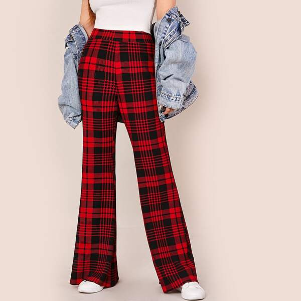 

Flare Leg Plaid Pants, Red