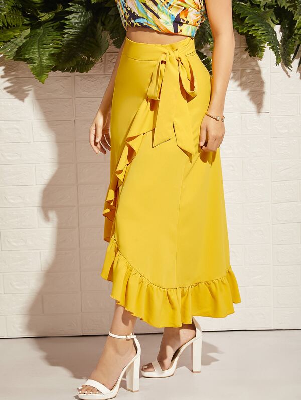 SHEIN Tie Waist Ruffle Trim Wrap Skirt SHEIN USA