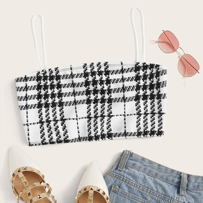 

Plaid Cropped Cami Top, Black and white