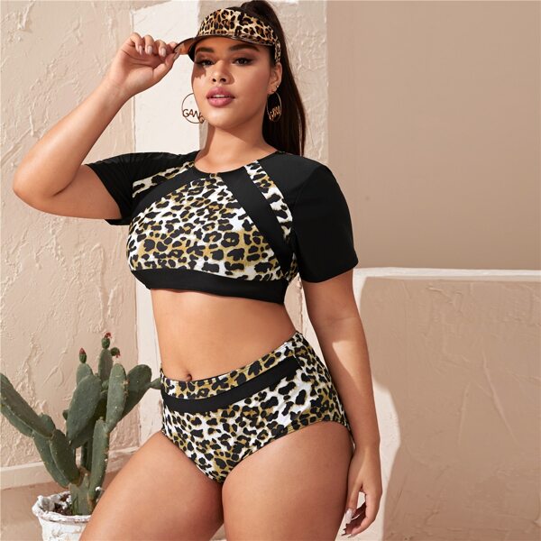 

Plus Leopard Short Sleeve Bikini Swimsuit, Multicolor