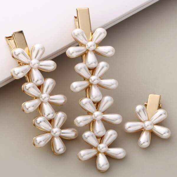 

3pcs Faux Pearl Beaded Flower Decor Hair Clip, Multicolor