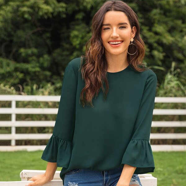 

Flounce Sleeve High Low Blouse, Green