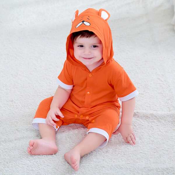 

Baby Boy Neon Orange Cartoon Graphic 3D Ears Design Hooded Jumpsuit