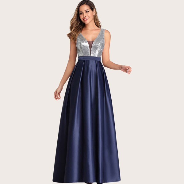 

Sequin Bodice Boxy Pleated Satin Prom Dress, Navy blue