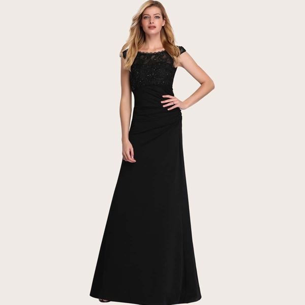 

Glitter Mesh Bodice Ruched Detail Prom Dress, Black