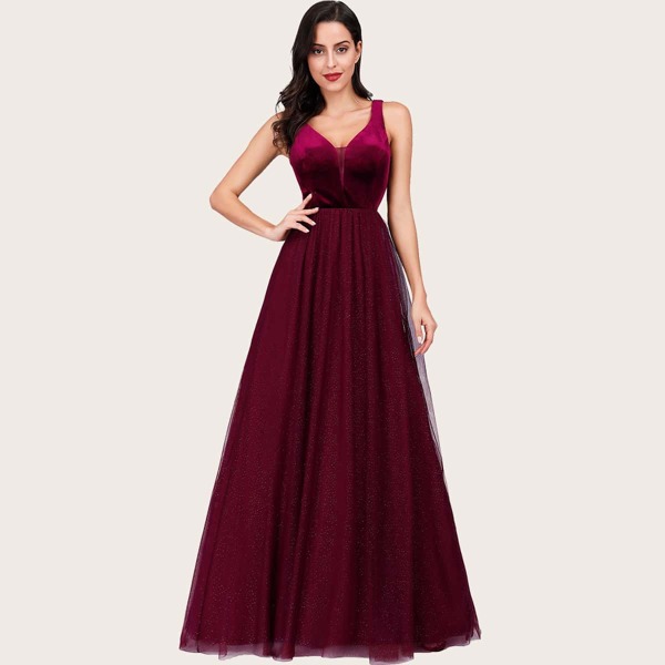 

V-back Velvet Bodice Glitter Mesh Overlay Prom Dress, Burgundy