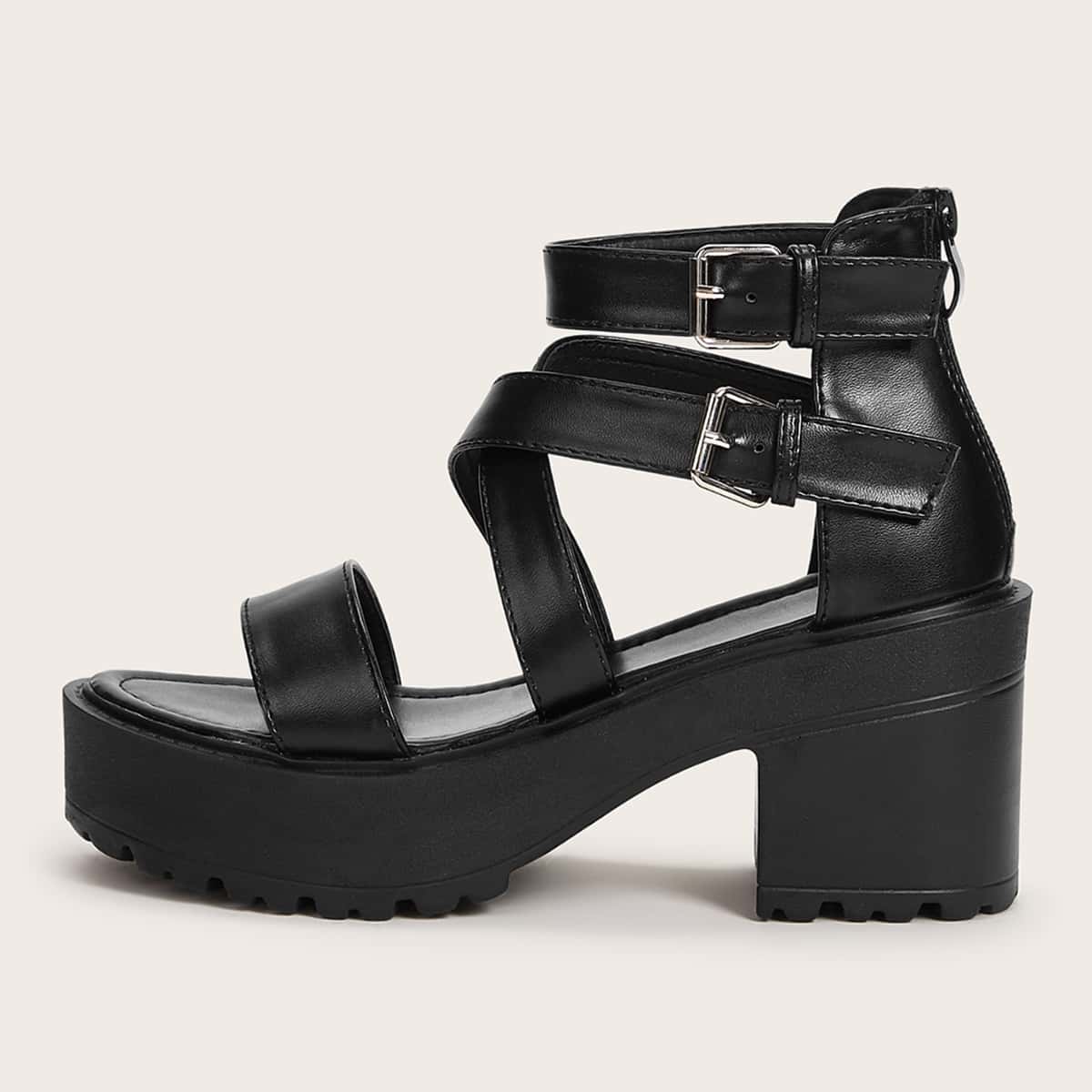 

Open Toe Double Buckle Decor Chunky Heels, Black