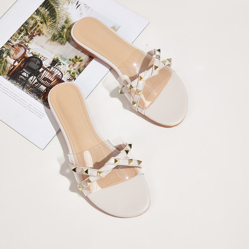 

Studded Decor Open Toe Sliders, White