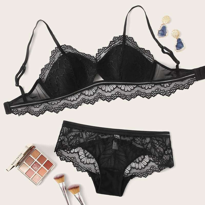 

Floral Lace Lingerie Set, Black
