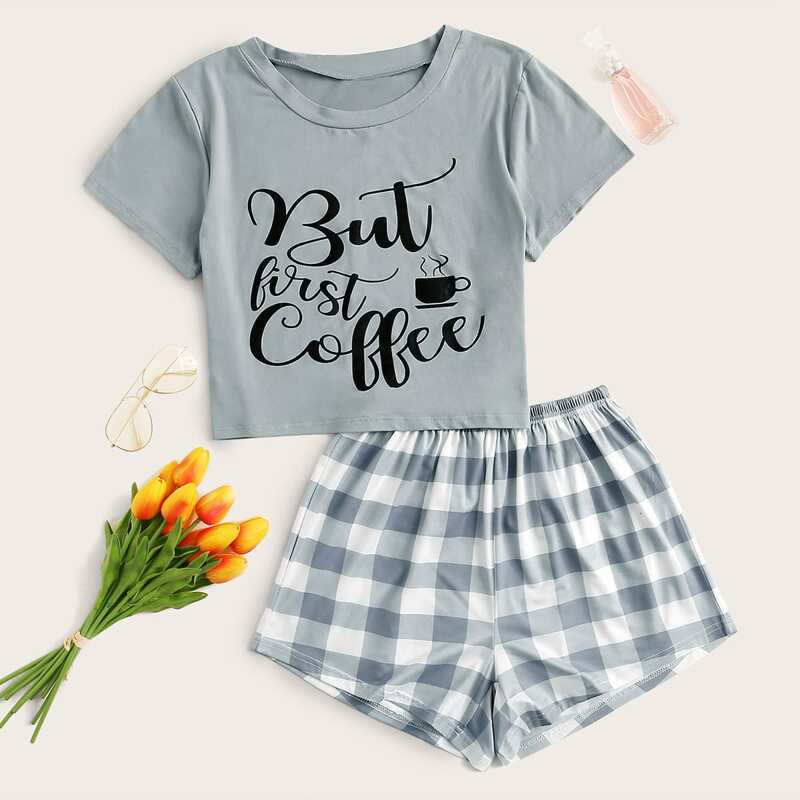 

Buffalo Plaid & Slogan Graphic PJ Set, Blue