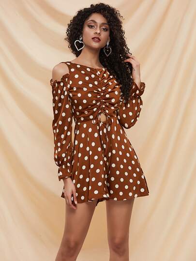 Missord Cold Shoulder Drawstring Peekaboo Polka-dot Romper