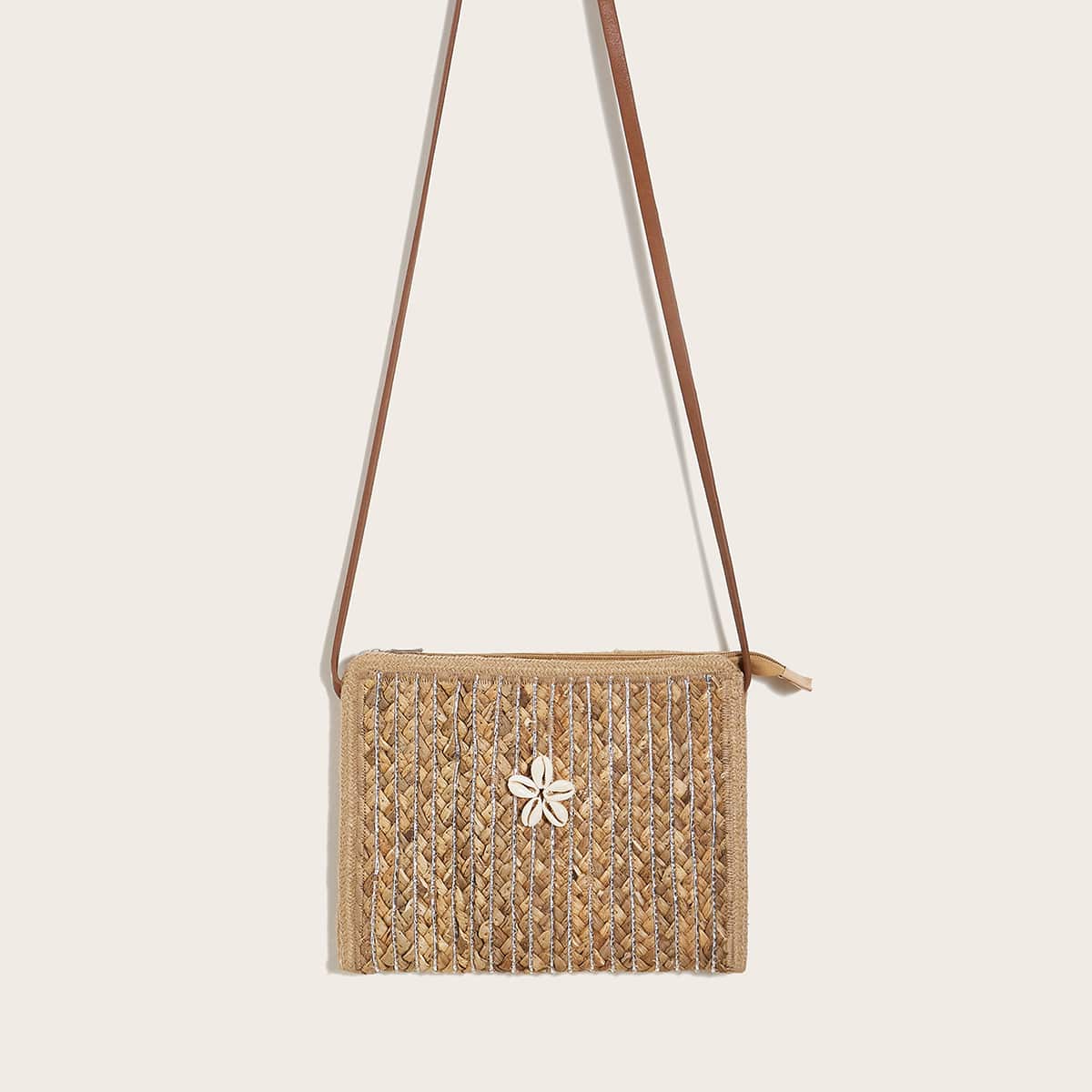

Shell Decor Braided Crossbody Bag, Khaki