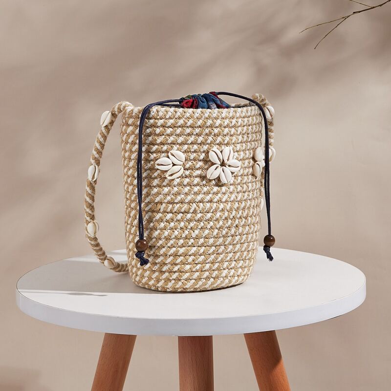 

Shell Decor Braided Crossbody Bag, Khaki