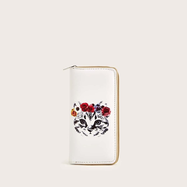 

Cat Print Zip Around Purse, White