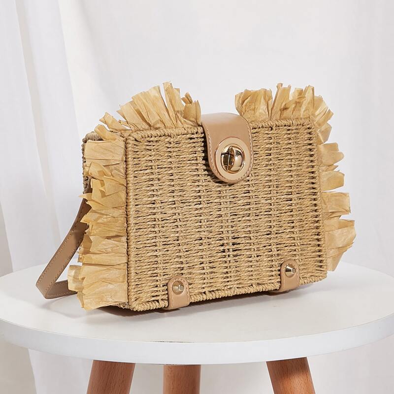 

Fringe Trim Twist Lock Crossbody Bag, Khaki