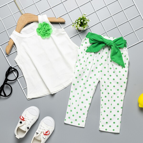 

Toddler Girls Appliques Tank Top & Polka Dot Belted Pants, White