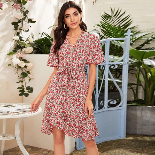 

Ditsy Floral Ruffle Hem Belted Wrap Dress, Multicolor