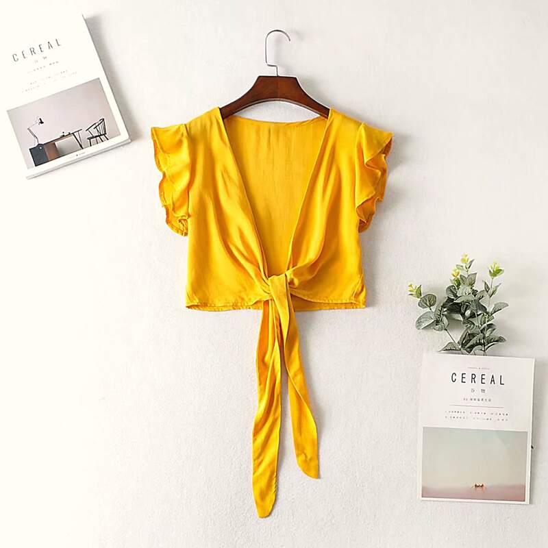 

Ruffled Plunging Self-Tie Crop Top, Yellow bright