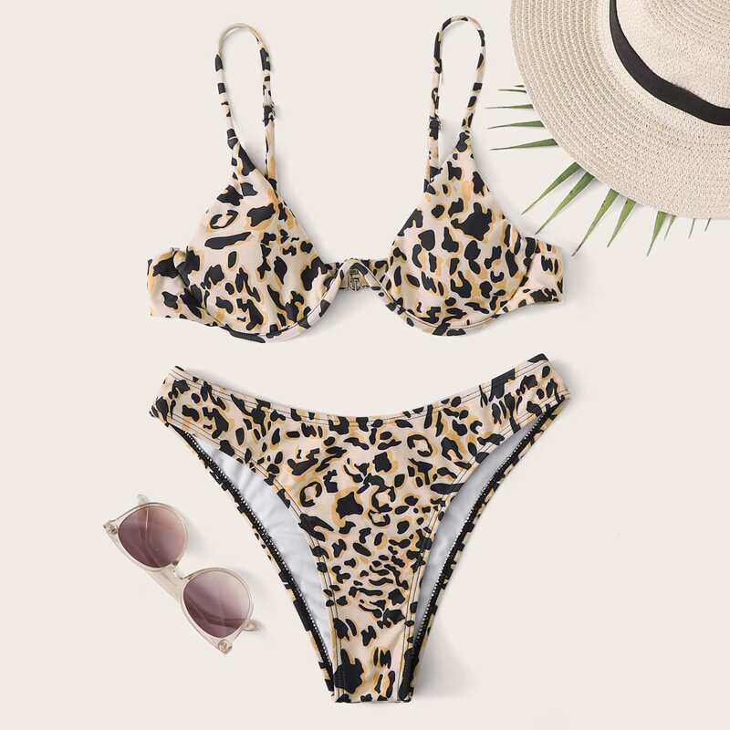 

Leopard Underwired High Leg Bikini Swimsuit, Multicolor
