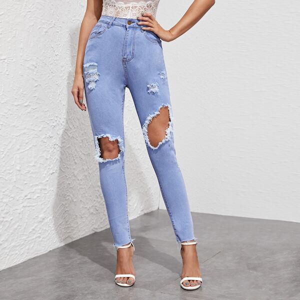 

Distressed Ripped Raw Hem Skinny Jeans, Blue