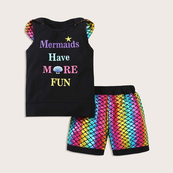 

Toddler Girls Letter Graphic Tank Top & Fish Scale Shorts, Multicolor