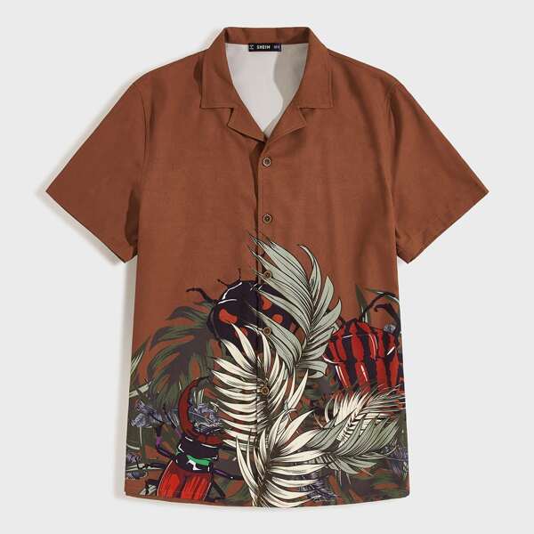 

Men Notched Collar Tropical Print Shirt, Brown