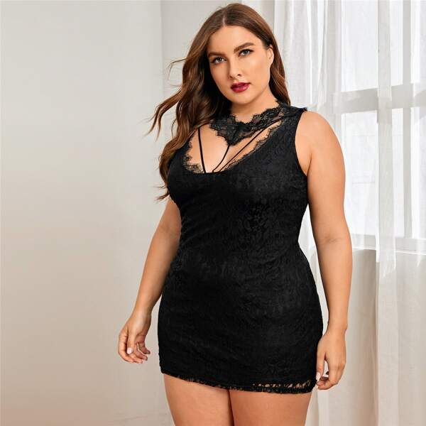 

Plus Floral Lace Choker Dress & Thong, Black