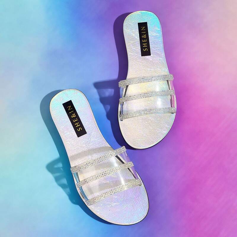 

Rhinestone Decor Flat Sliders, Silver