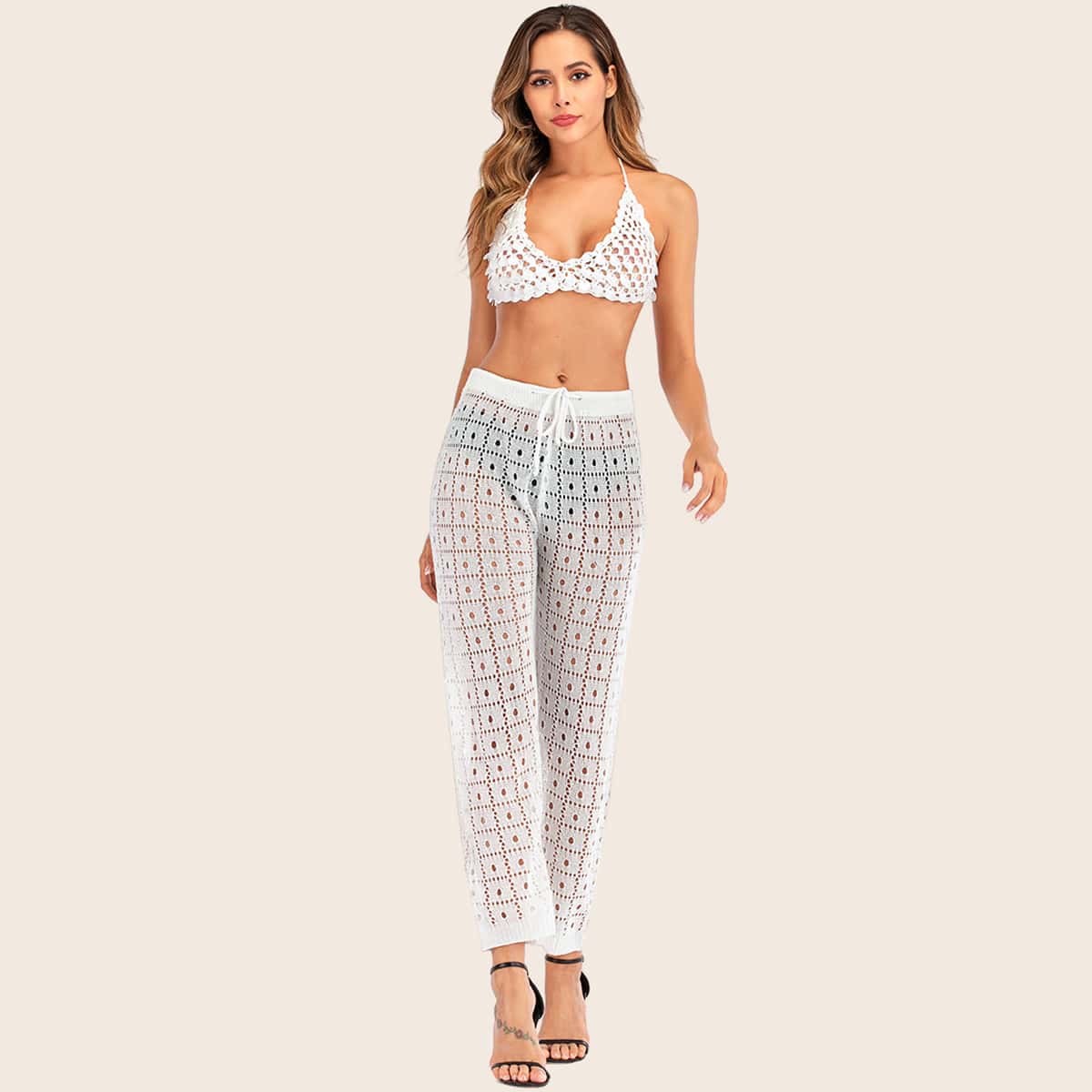 

Drawstring Waist Hollow Out Cover Up Pants Without Panty, White