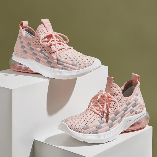 

Ribbed Detail Lace-up Front Sneakers, Pink