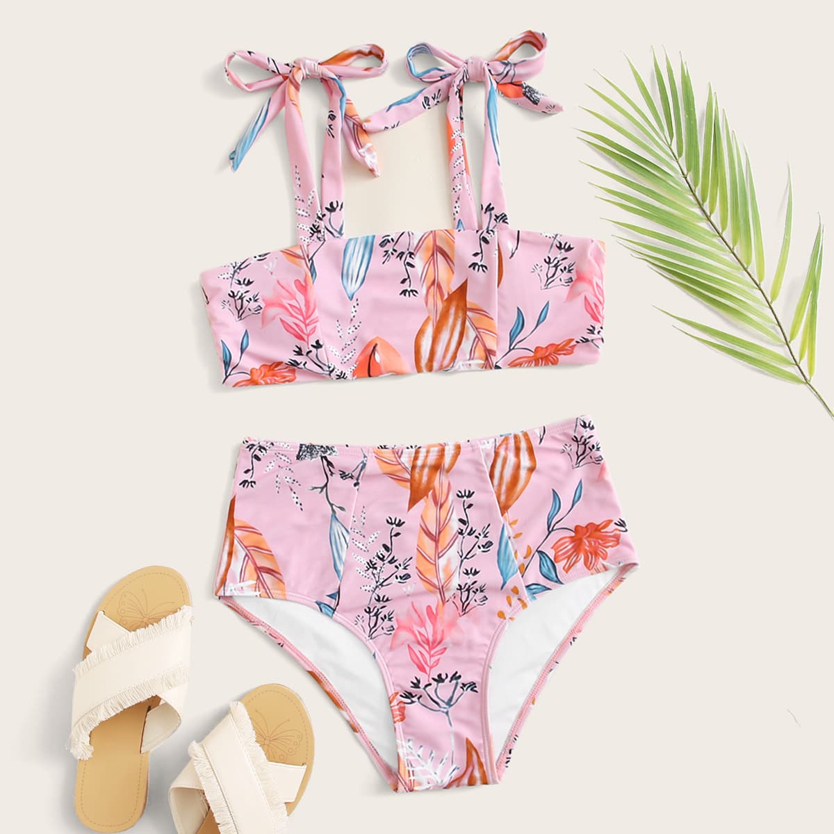 

Plant Print Tie Shoulder High Waisted Bikini Swimsuit, Pink