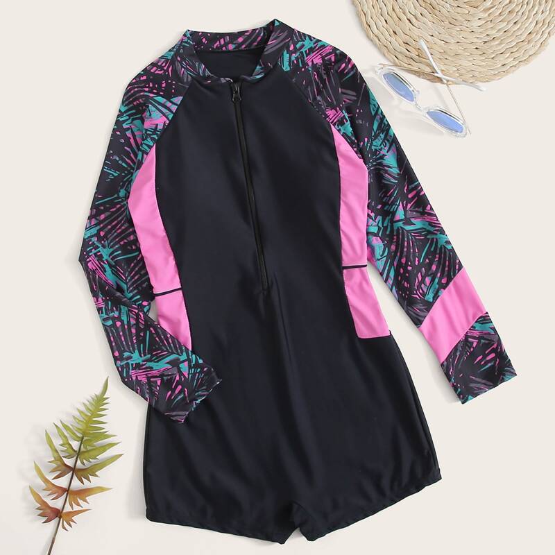 

Contrast Tropical Long Sleeve One Piece Swimsuit, Black