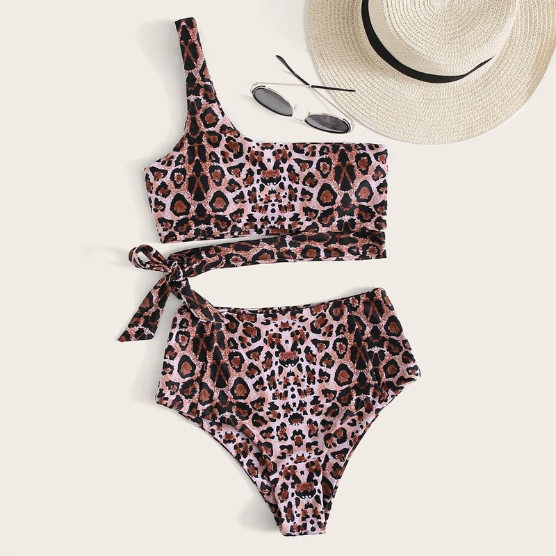 

Leopard One Shoulder High Waisted Bikini Swimsuit, Multicolor