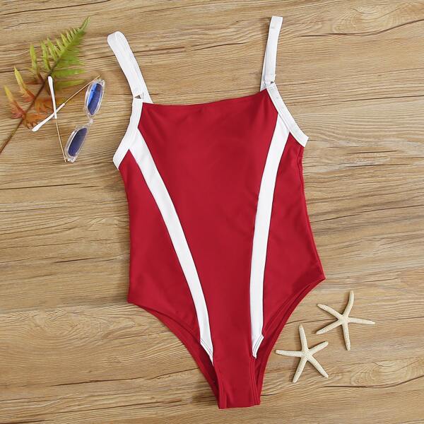 

Color Block One Piece Swimsuit, Red