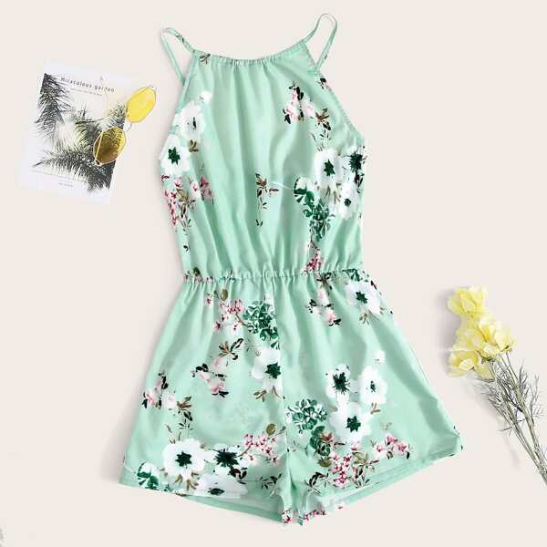 

Floral Print Halterneck Romper, Green