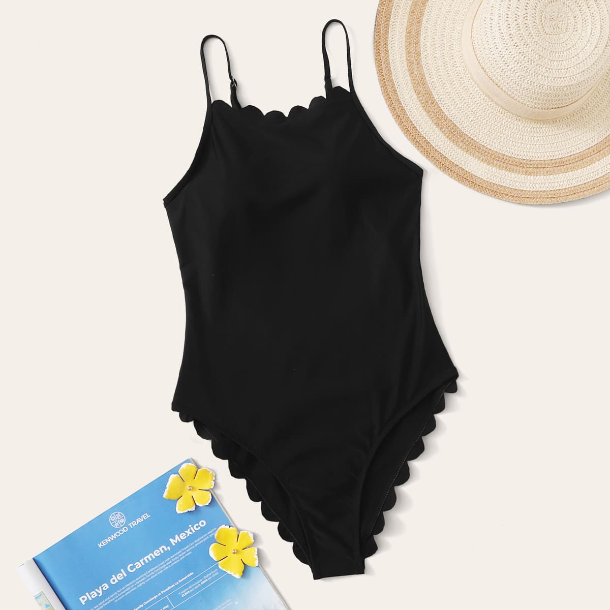 

Scallop Trim One Piece Swimsuit, Black