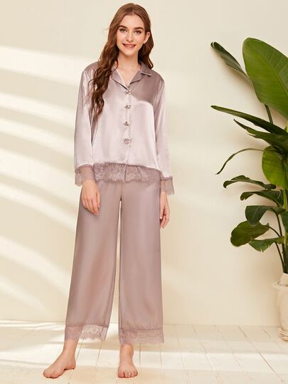 Contrast Lace Satin PJ Set