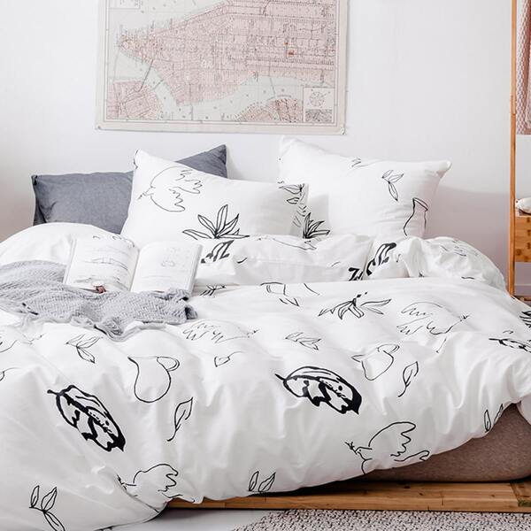 

Leaf Print Bedding Set Without Filler, White