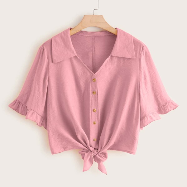 

Plus Ruffle Cuff Knotted Hem Blouse, Pink