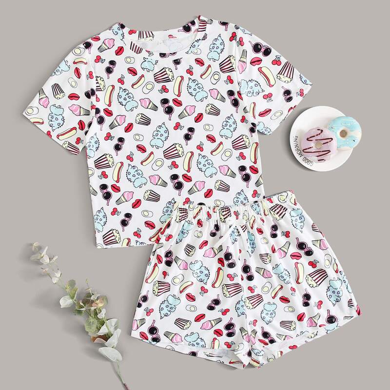 

All Over Print Tee & Shorts PJ Set, White